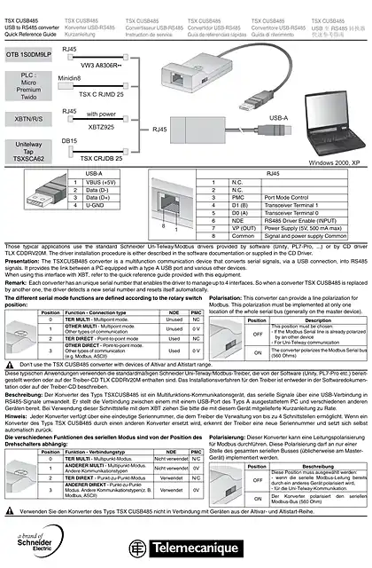schneider施耐德TSXCUSB485 USB 至 RS485 转换器 _ 快速参考指南
